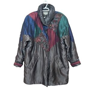 Vintage 80s Metallic Grey Patchwork Colorful Women's Winter Jacket Large Coat